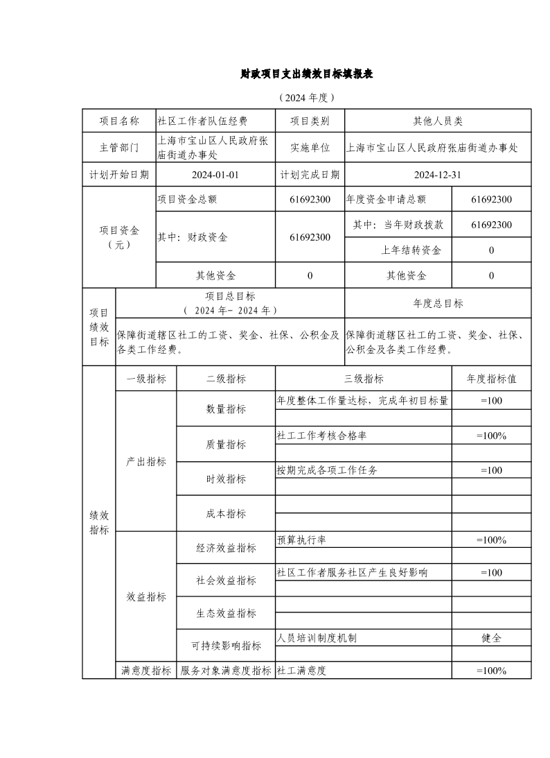 宝山区人民政府张庙街道办事处（本级）2024年项目绩效目标填报表.pdf