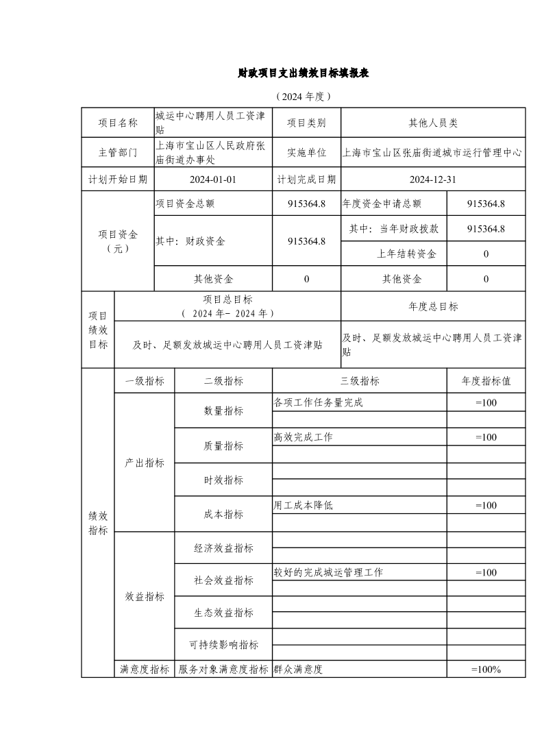 宝山区张庙街道城市运行管理中心2024年项目绩效目标填报表.pdf