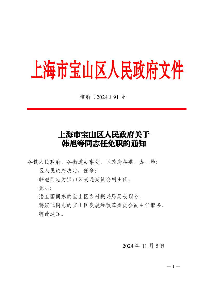 91号—上海市宝山区人民政府关于韩旭等同志任免职的通知.pdf