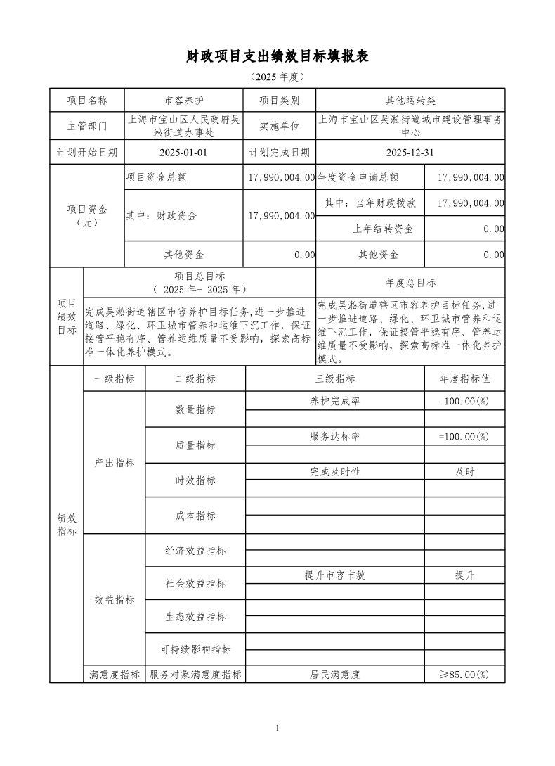 宝山区吴淞街道城市建设管理事务中心2025年项目绩效目标申报表.pdf
