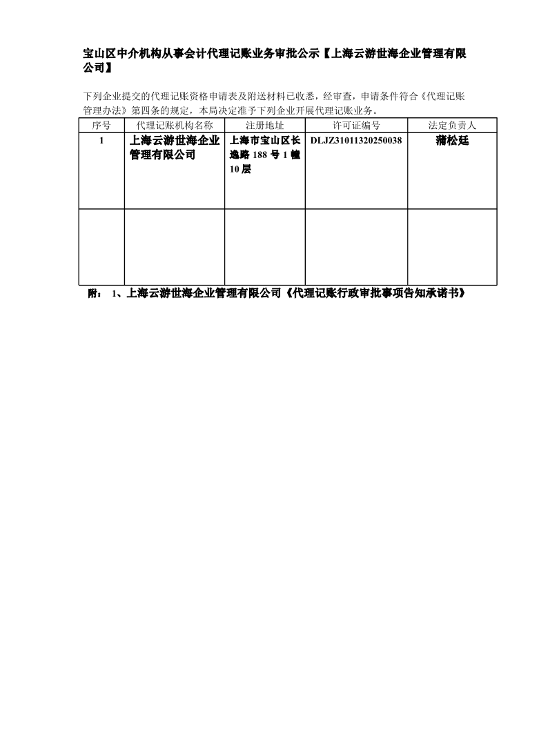 宝山区中介机构从事会计代理记账业务审批公示【上海云游世海企业管理有限公司】.pdf