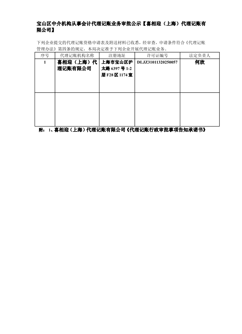宝山区中介机构从事会计代理记账业务审批公示【喜相迎（上海）代理记账有限公司】.pdf