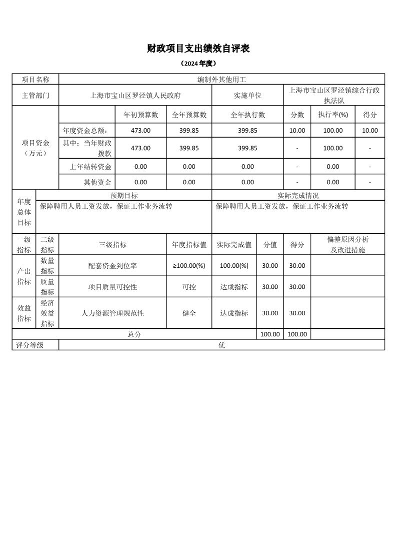上海市宝山区罗泾镇综合行政执法队2024年度项目绩效自评表.pdf