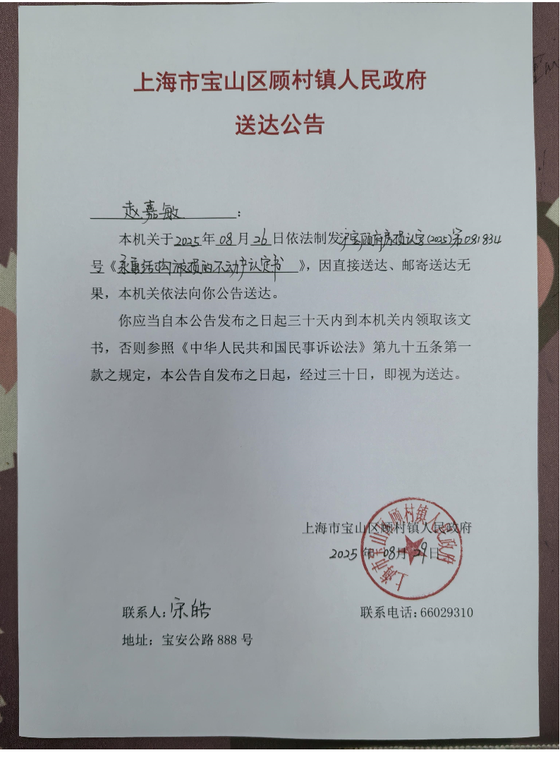 上海市宝山区顾村镇人民政府送达公告（2025年8月29日）.pdf