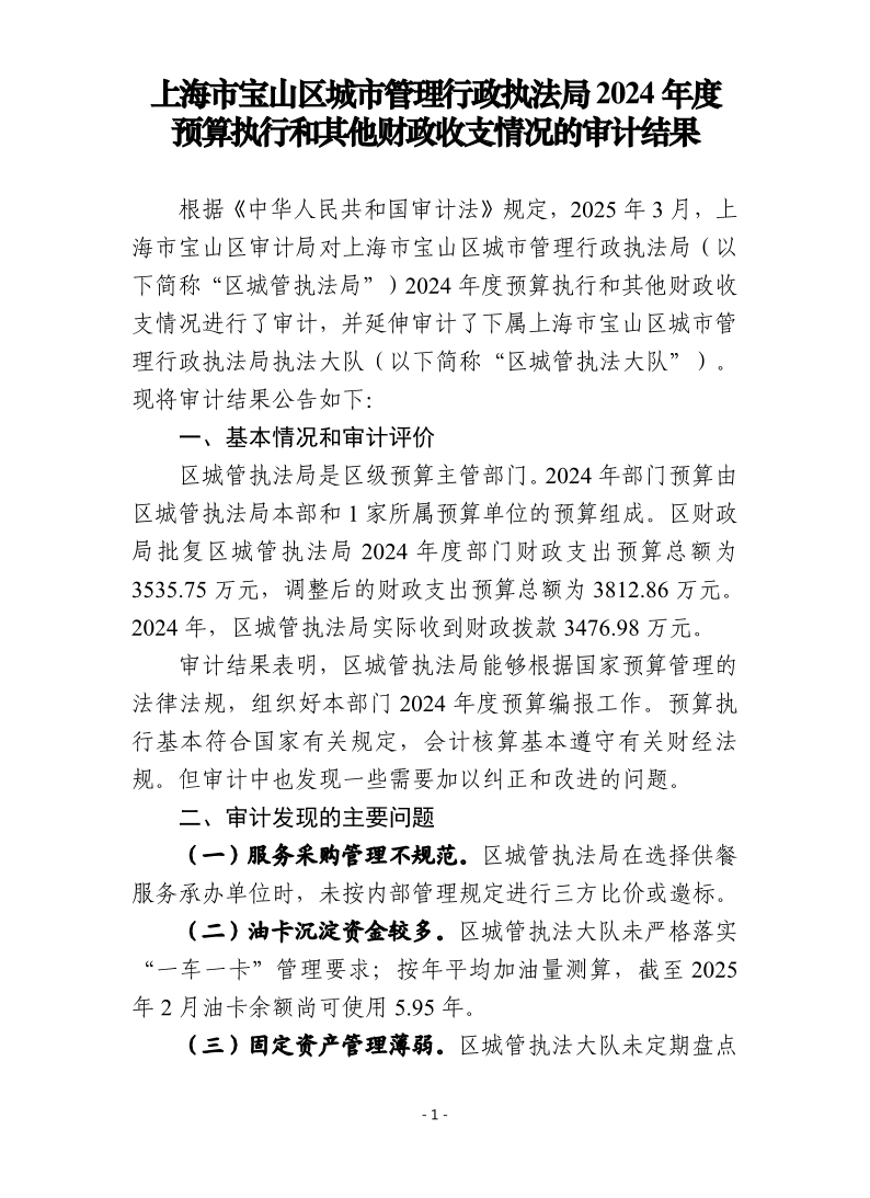 上海市宝山区城市管理行政执法局2024年度预算执行和其他财政收支情况的审计结果.pdf