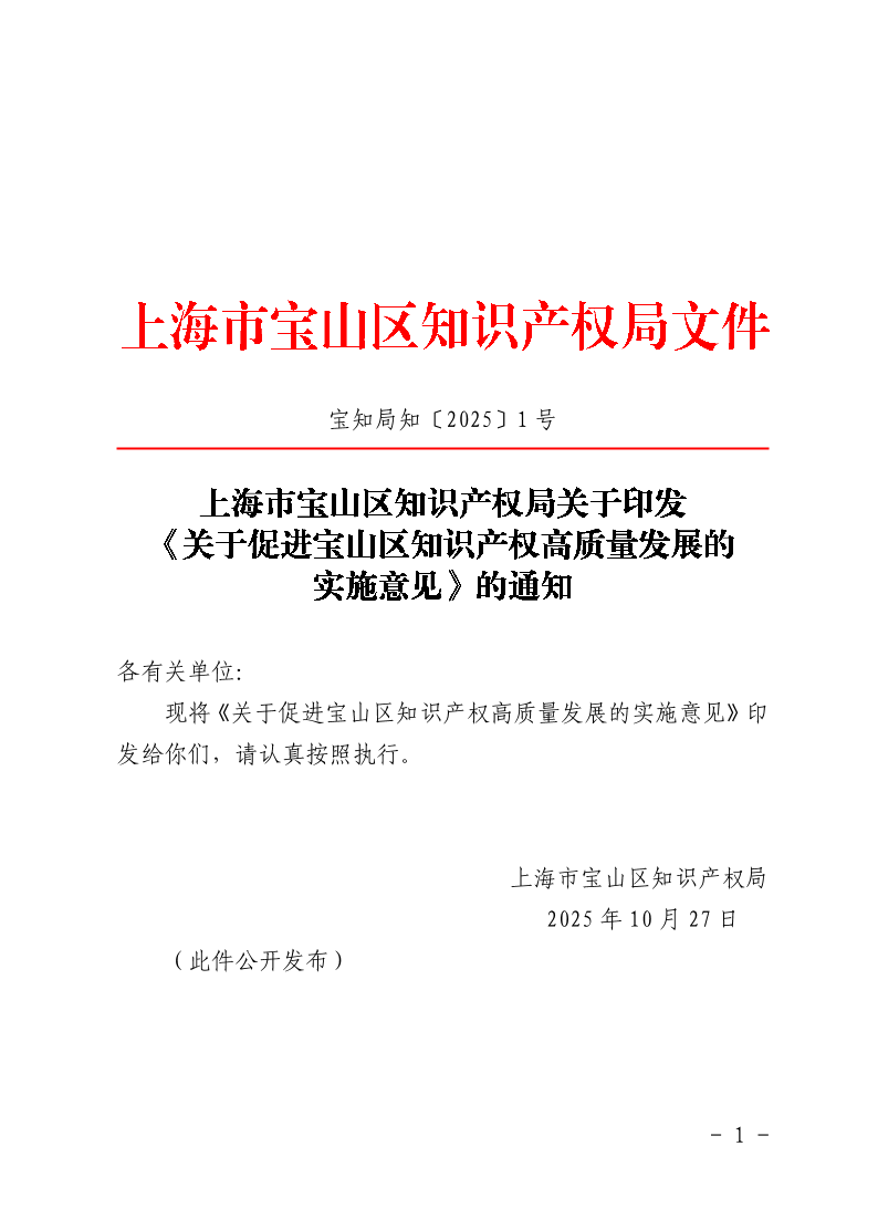 上海市宝山区知识产权局关于印发《关于促进宝山区知识产权高质量发展的实施意见》的通知.pdf