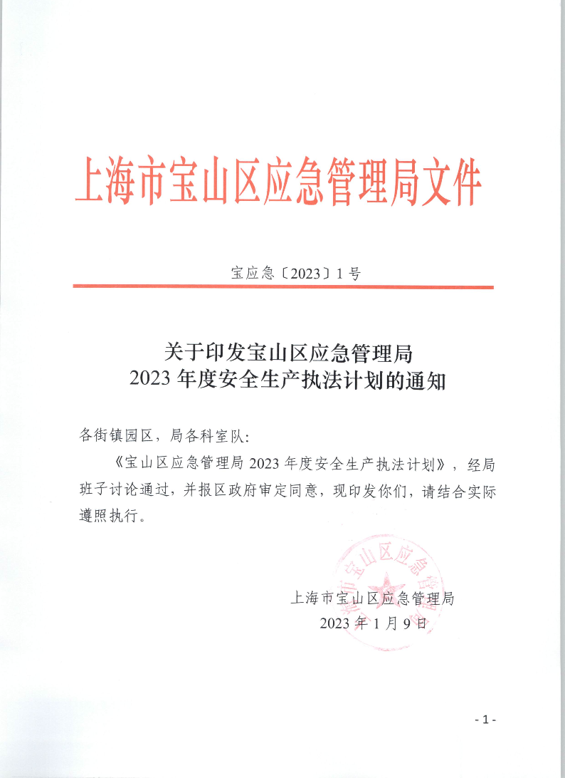 关于印发上海市宝山区应急管理局2023年度安全生产执法计划的通知(宝应急【2023】1号）.pdf