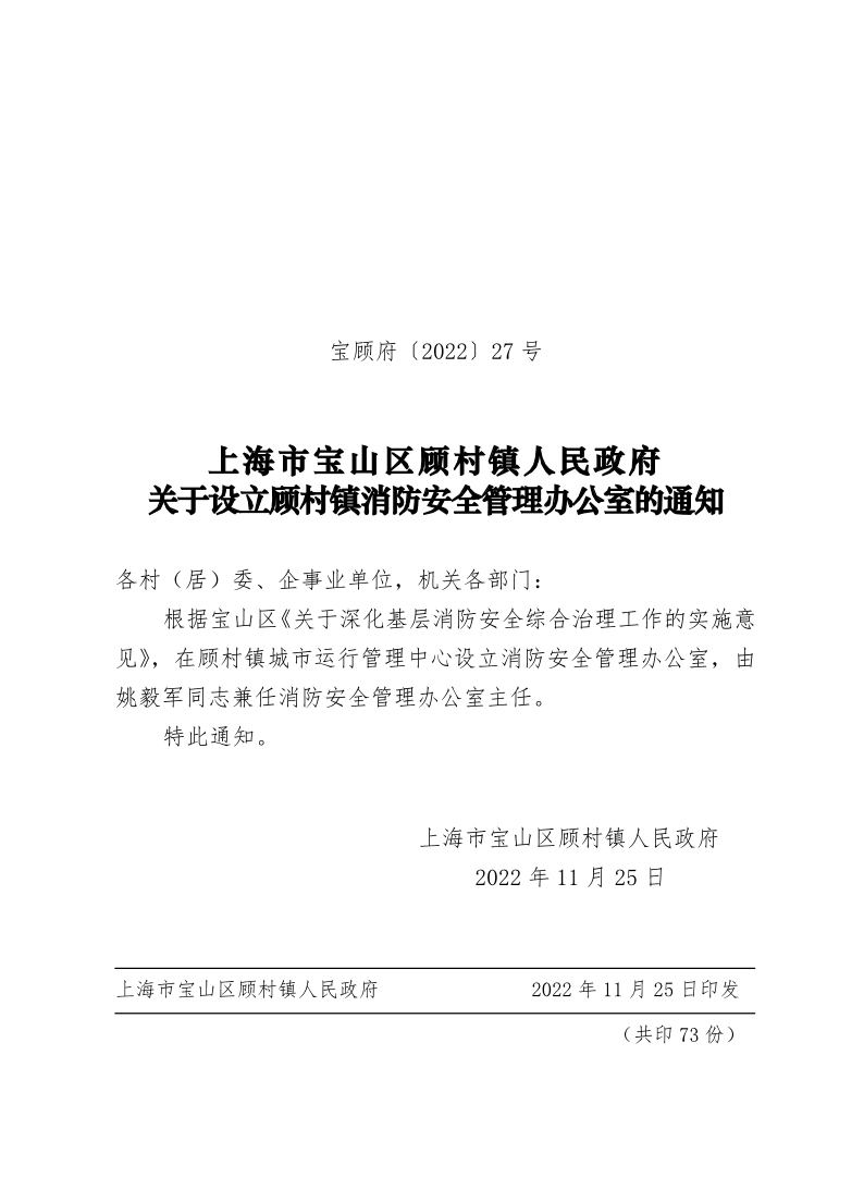 27号—上海市宝山区顾村镇人民政府关于设立顾村镇消防安全管理办公室的通知.pdf
