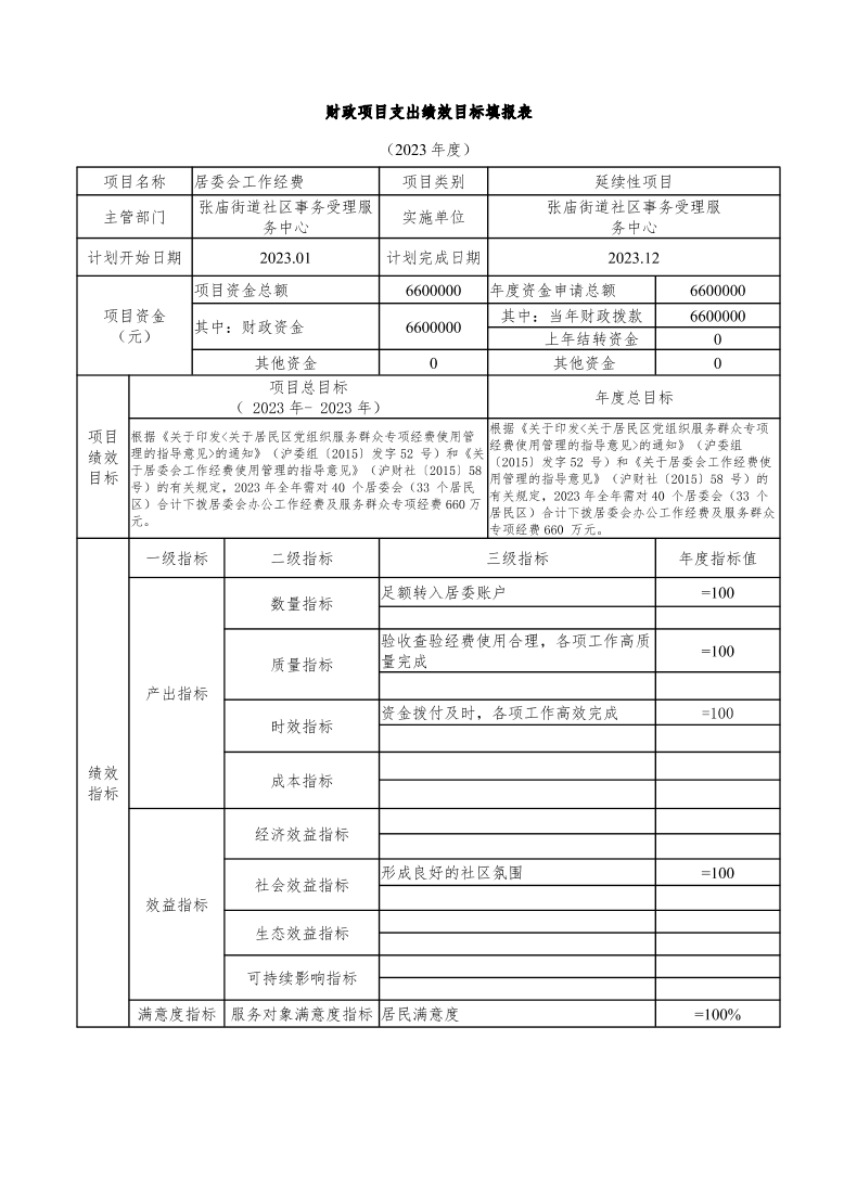 上海市宝山区张庙街道社区事务受理服务中心2023年项目绩效目标评价表.pdf