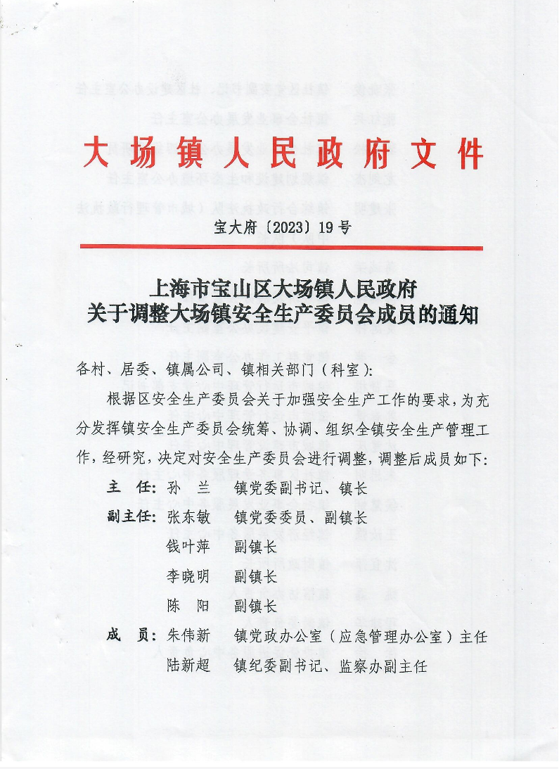 19号上海市宝山区大场镇人民政府关于调整大场镇安全生产委员会成员的通知.pdf