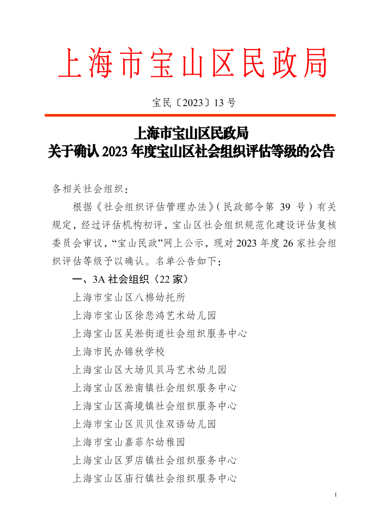 13上海市宝山区民政局关于确认2023年度宝山区社会组织评估等级的公告.pdf
