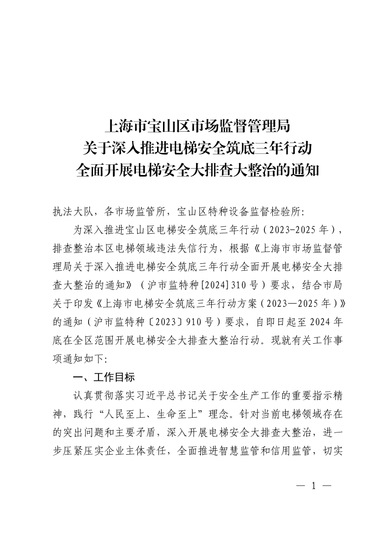 上海市宝山区市场监督管理局关于深入推进电梯安全筑底三年行动全面开展电梯安全大排查大整治的通知.pdf