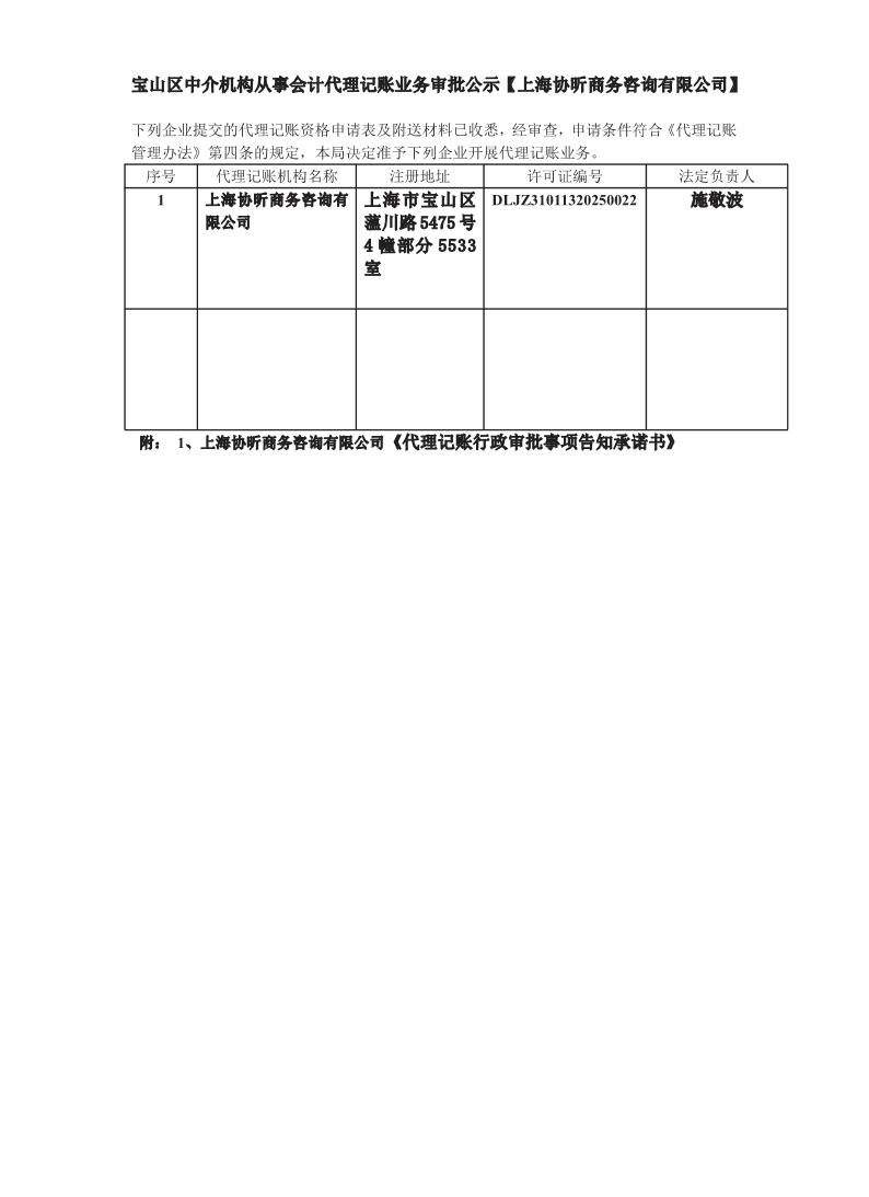 39.宝山区中介机构从事会计代理记账业务审批公示【上海协昕商务咨询有限公司】.pdf
