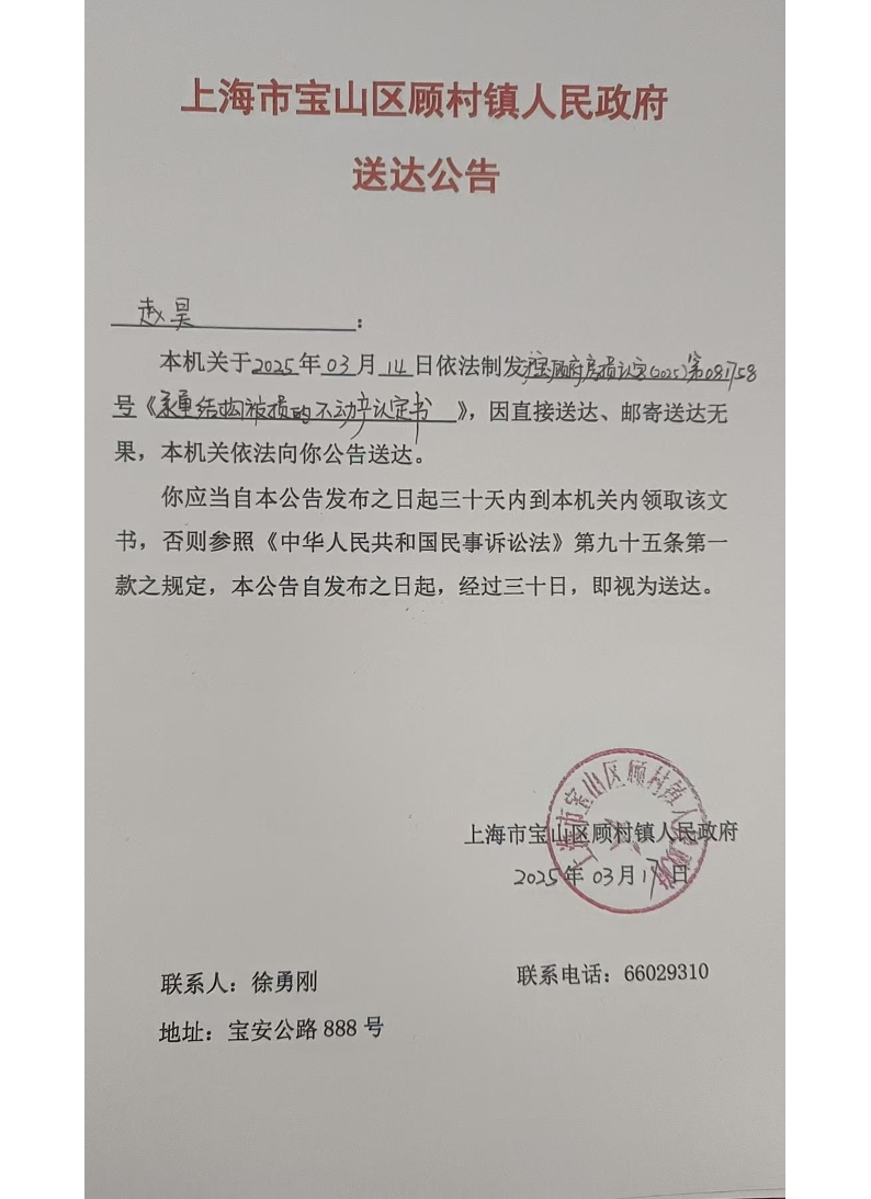 上海市宝山区顾村镇人民政府送达公告（2025年3月17日）.pdf