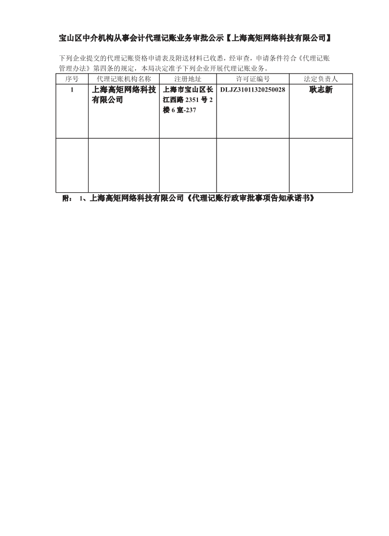 宝山区中介机构从事会计代理记账业务审批公示【上海高矩网络科技有限公司】.pdf