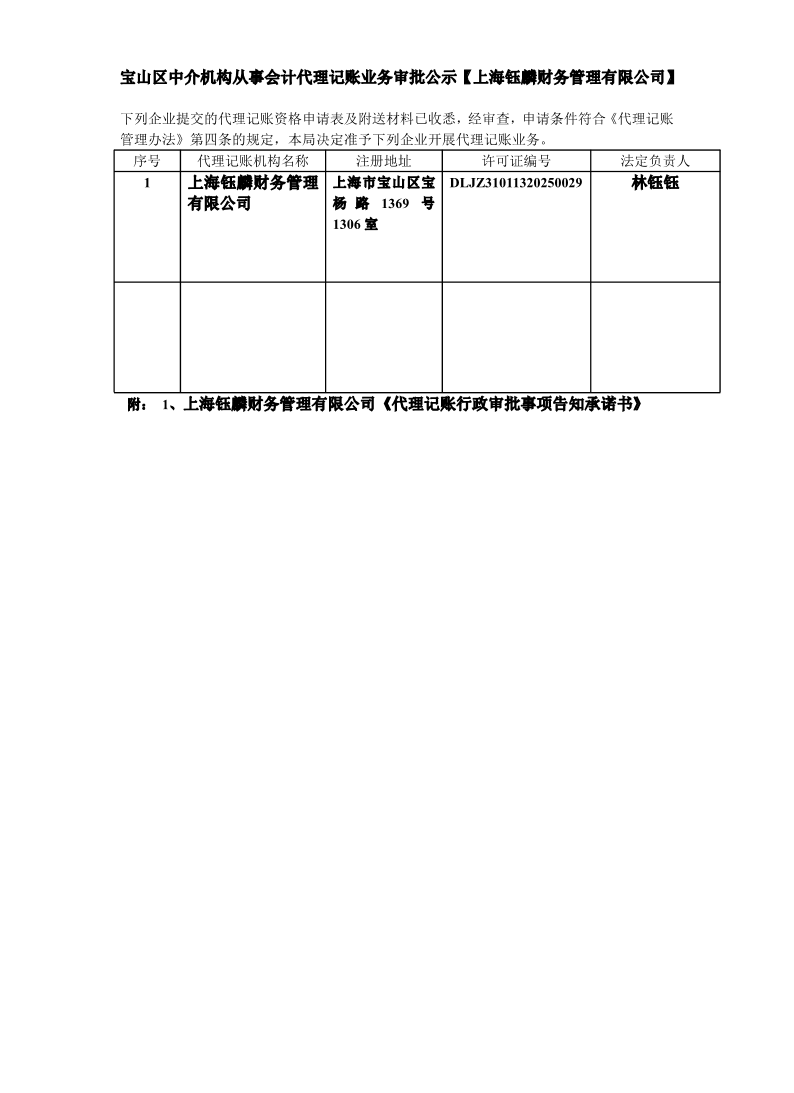 宝山区中介机构从事会计代理记账业务审批公示【上海钰麟财务管理有限公司】.pdf