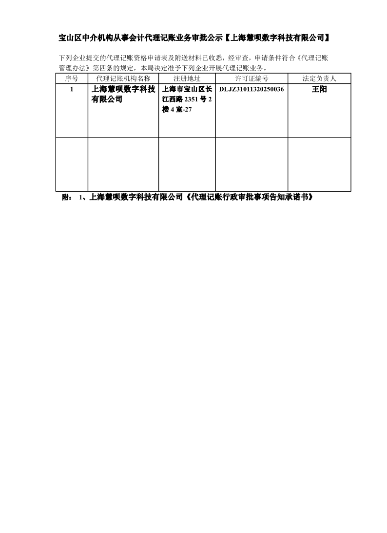 宝山区中介机构从事会计代理记账业务审批公示【上海慧呗数字科技有限公司】.pdf
