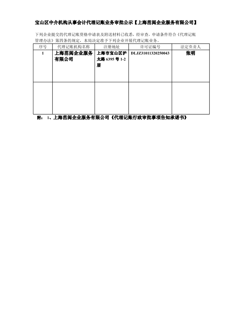 宝山区中介机构从事会计代理记账业务审批公示【上海茁阅企业服务有限公司】.pdf