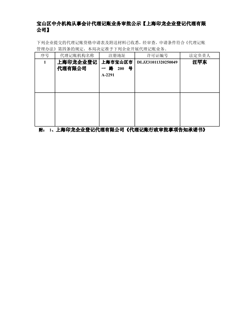 宝山区中介机构从事会计代理记账业务审批公示【上海印龙企业登记代理有限公司】.pdf