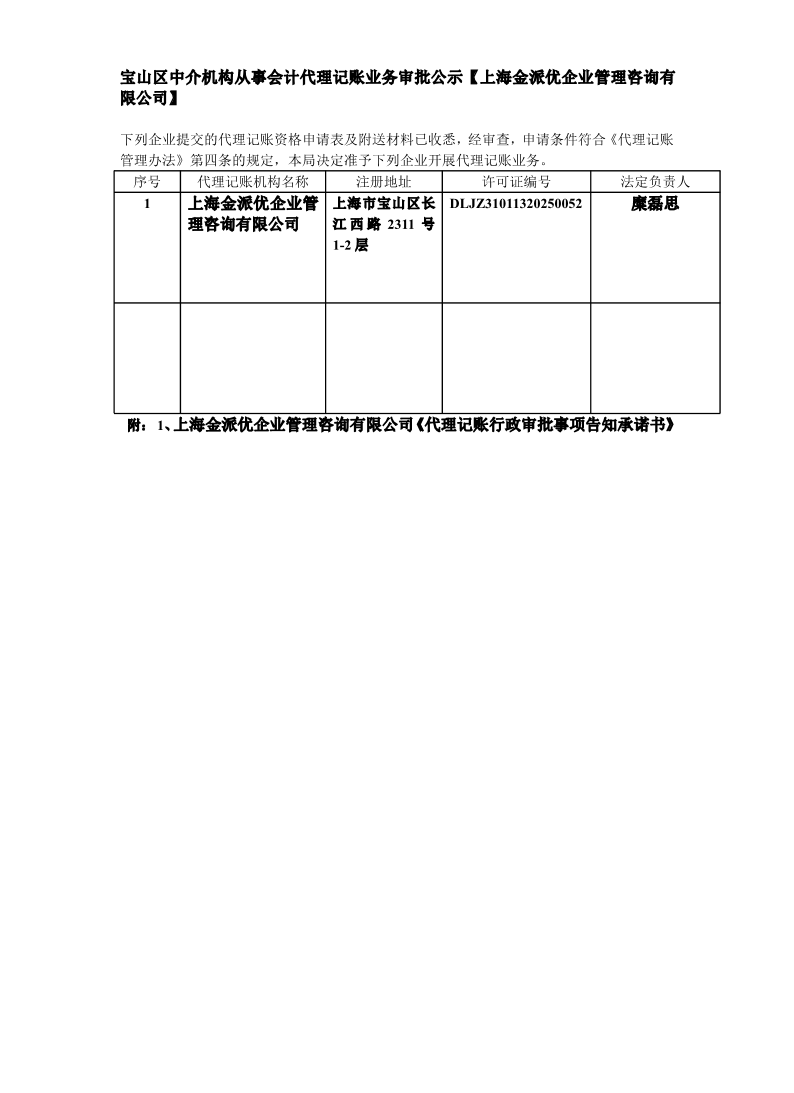 宝山区中介机构从事会计代理记账业务审批公示【上海金派优企业管理咨询有限公司】.pdf
