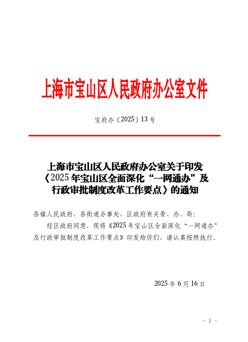13号—上海市宝山区人民政府办公室关于印发《2025年宝山区全面深化“一网通办”及行政审批制度改革工作要点》的通知.pdf