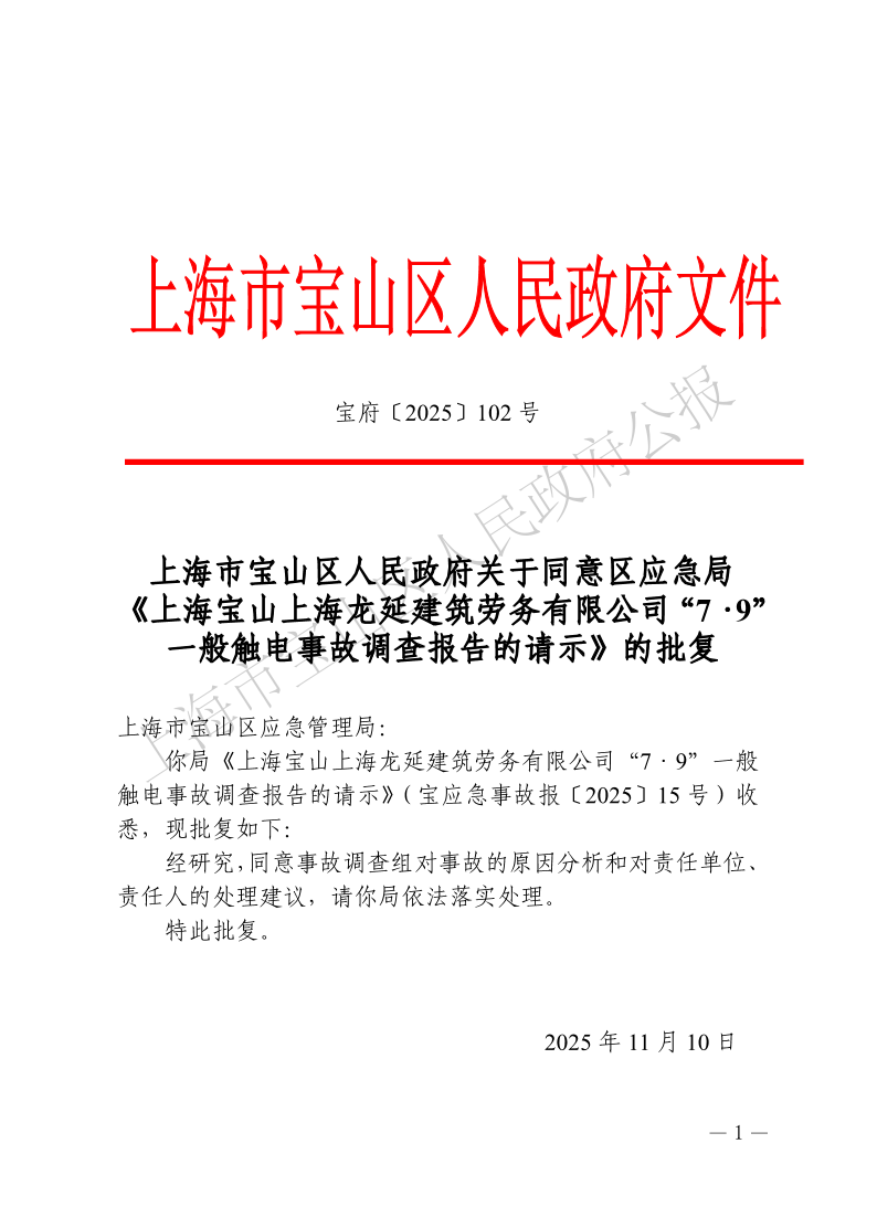 102号—上海市宝山区人民政府关于同意区应急局《上海宝山上海龙延建筑劳务有限公司“7·9”一般触电事故调查报告的请示》的批复-1.pdf