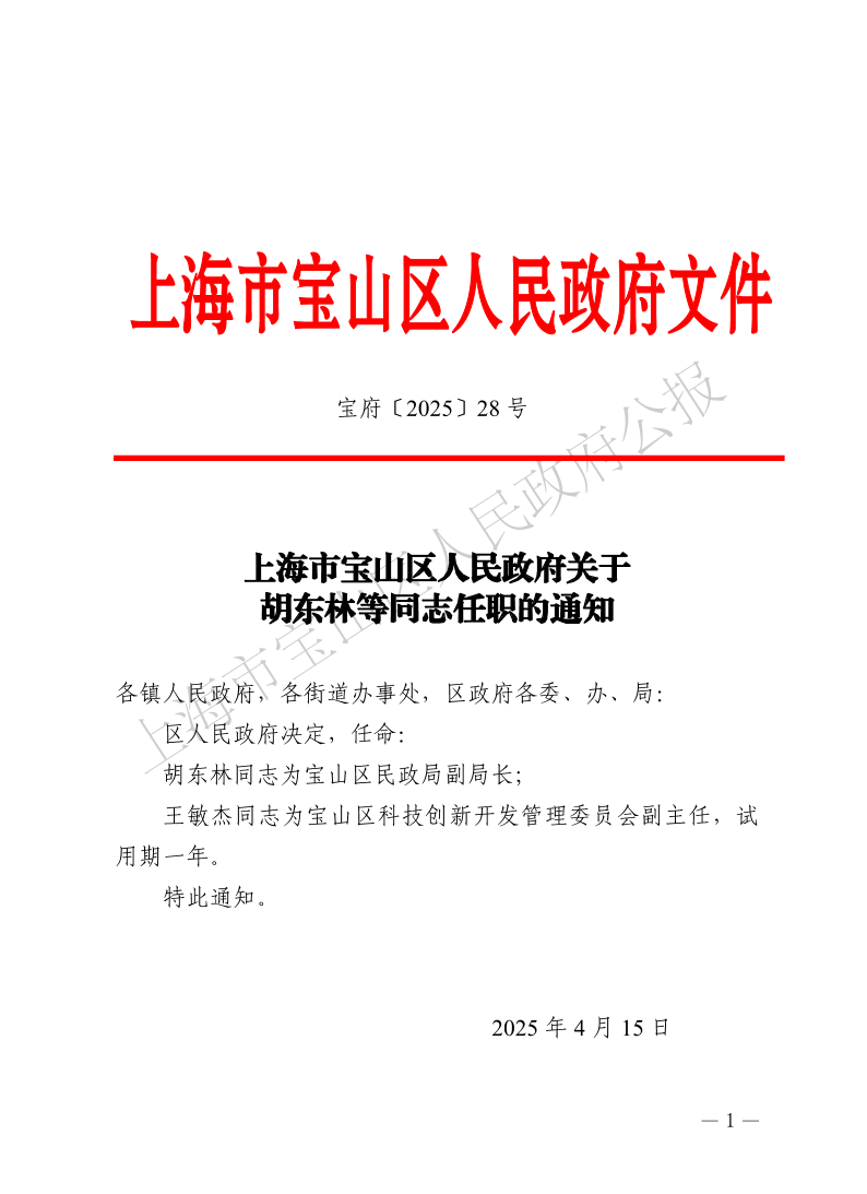 28号—上海市宝山区人民政府关于胡东林等同志任职的通知-1.pdf