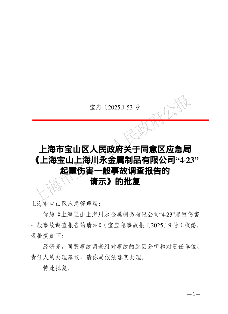 53号—上海市宝山区人民政府关于同意区应急局《上海宝山上海川永金属制品有限公司“4·23”起重伤害一般事故调查报告的请示》的批复-1.pdf