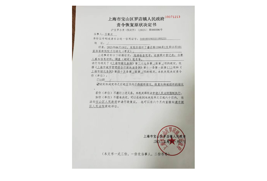 上海市宝山区罗店镇人民政府恢复原状决定书.pdf