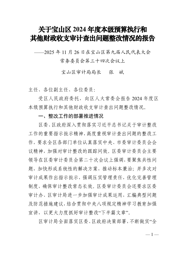 关于宝山区2024年度本级预算执行和其他财政收支审计查出问题整改情况的报告.pdf