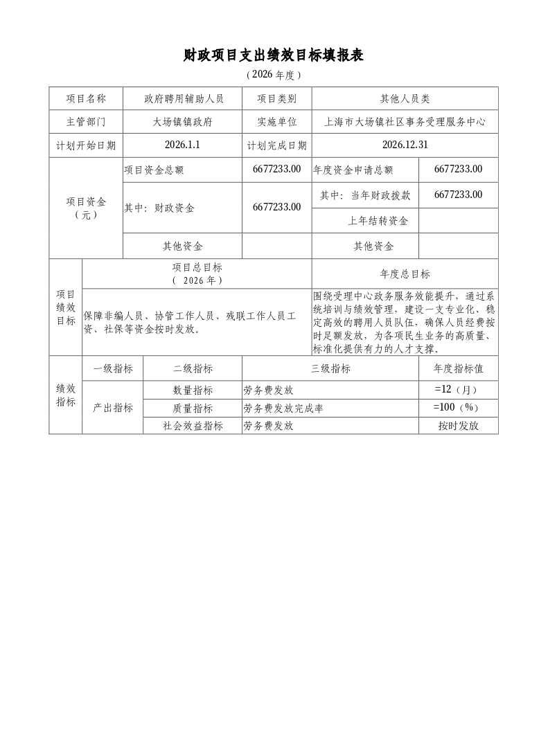 宝山区大场镇社区事务受理服务中心2026年项目绩效目标申报表.pdf