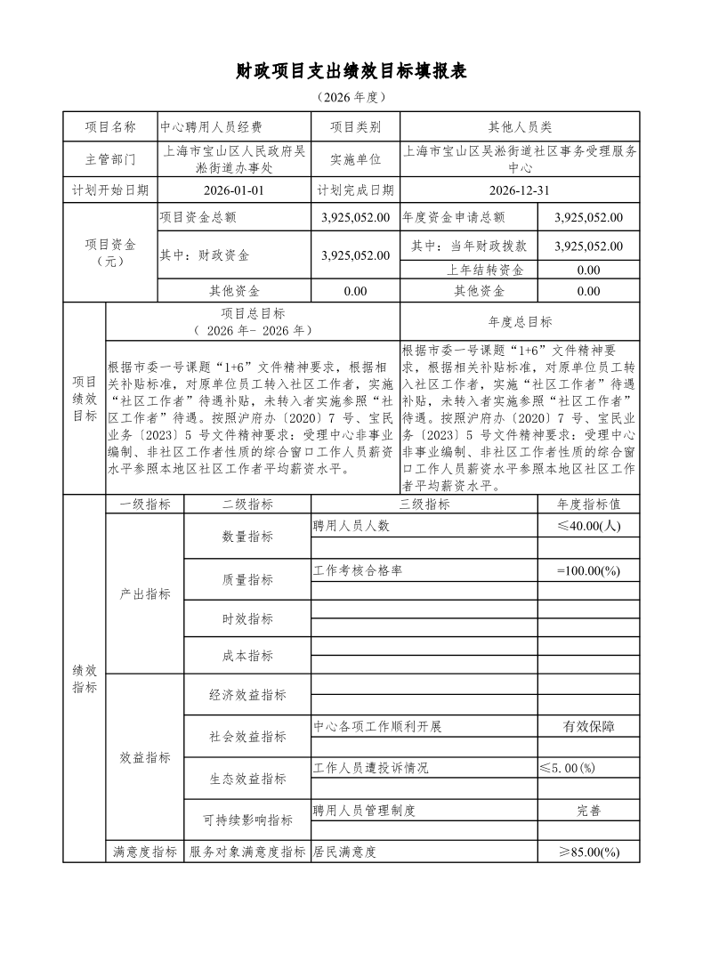 宝山区吴淞街道社区事务受理服务中心2026年项目绩效目标申报表.pdf