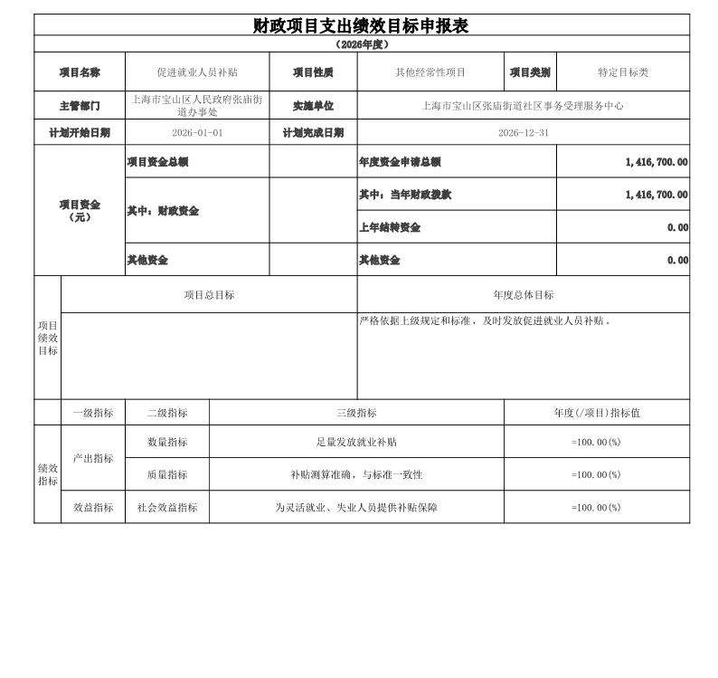 宝山区张庙街道社区事务受理服务中心2026年项目绩效目标申报表.pdf