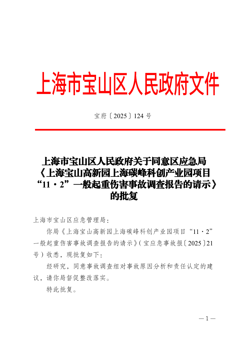 124号—上海市宝山区人民政府关于同意区应急局《上海宝山高新园上海碳峰科创产业园项目“11·2”一般起重伤害事故调查报告的请示》的批复.pdf