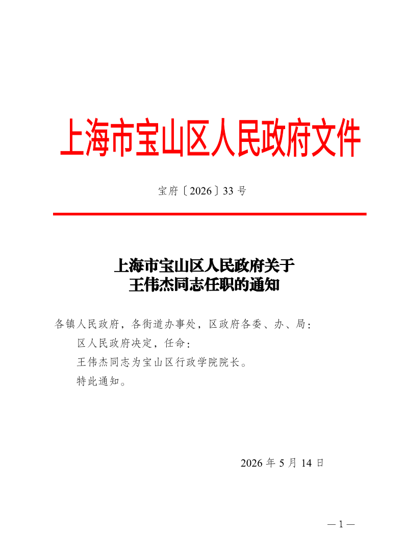33号—上海市宝山区人民政府关于王伟杰同志任职的通知.pdf