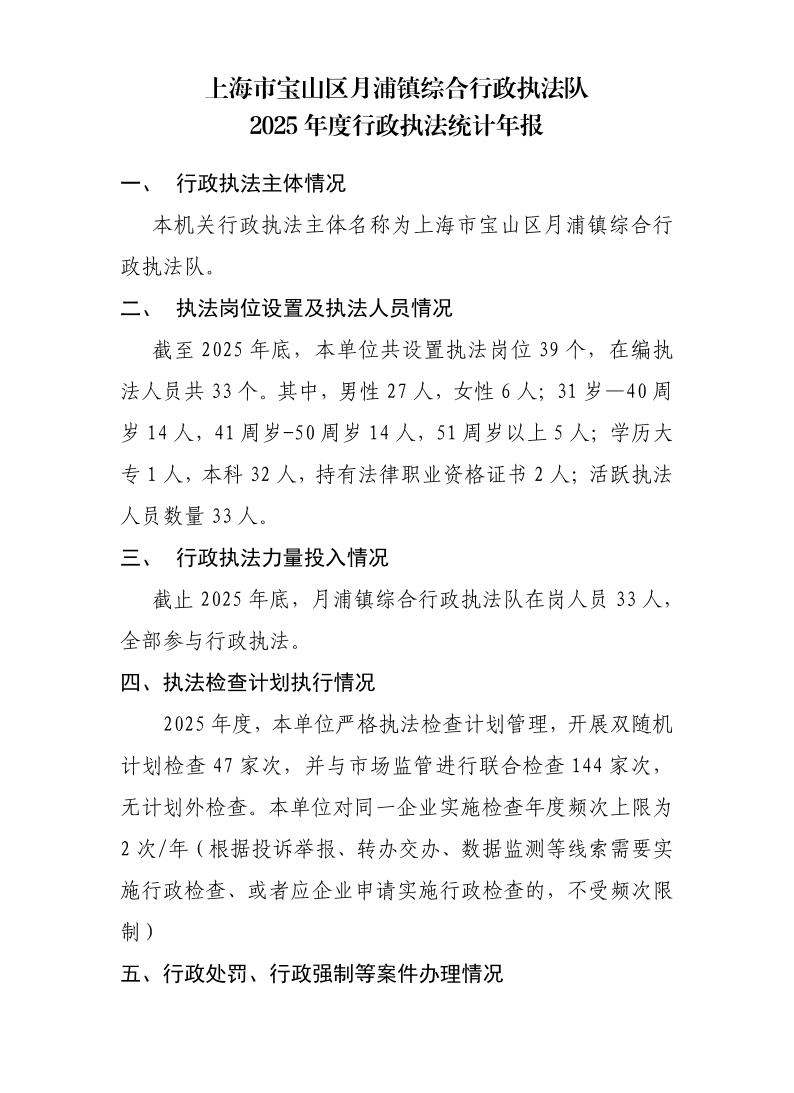 上海市宝山区月浦镇综合行政执法队2025年度行政执法统计年报.pdf