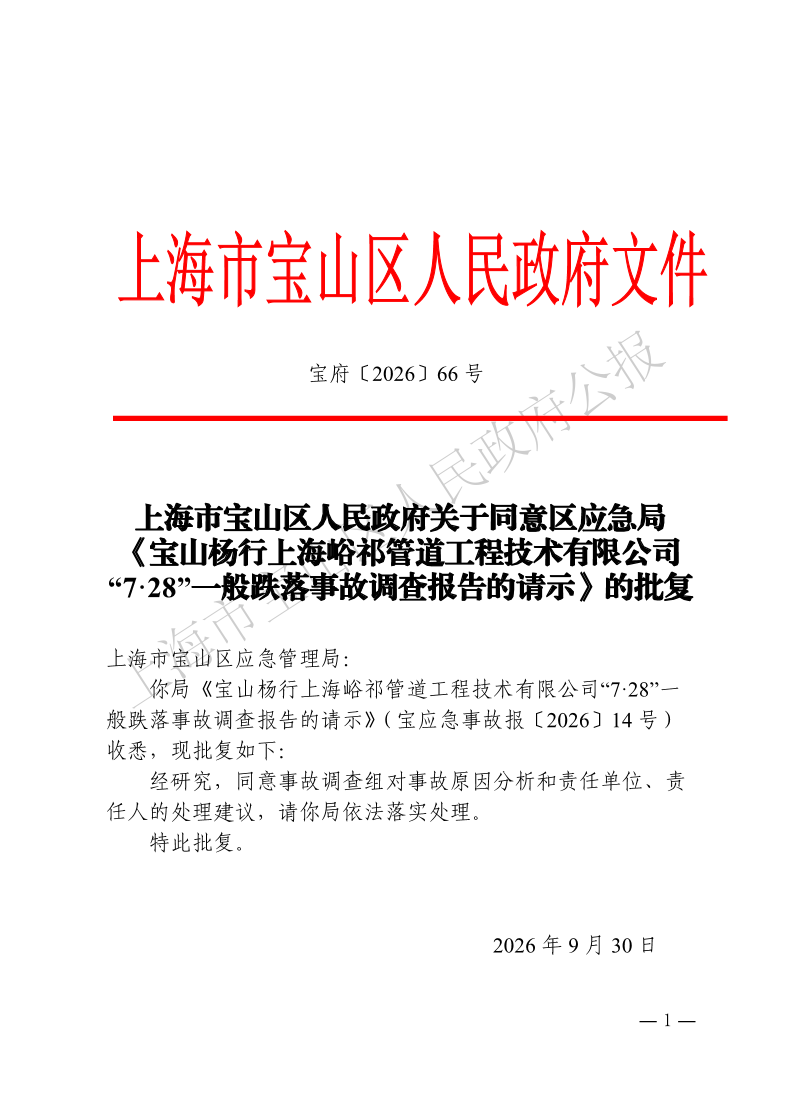 66号—上海市宝山区人民政府关于同意区应急局《宝山杨行上海峪祁管道工程技术有限公司“7·28”一般跌落事故调查报告的请示》的批复-1.pdf
