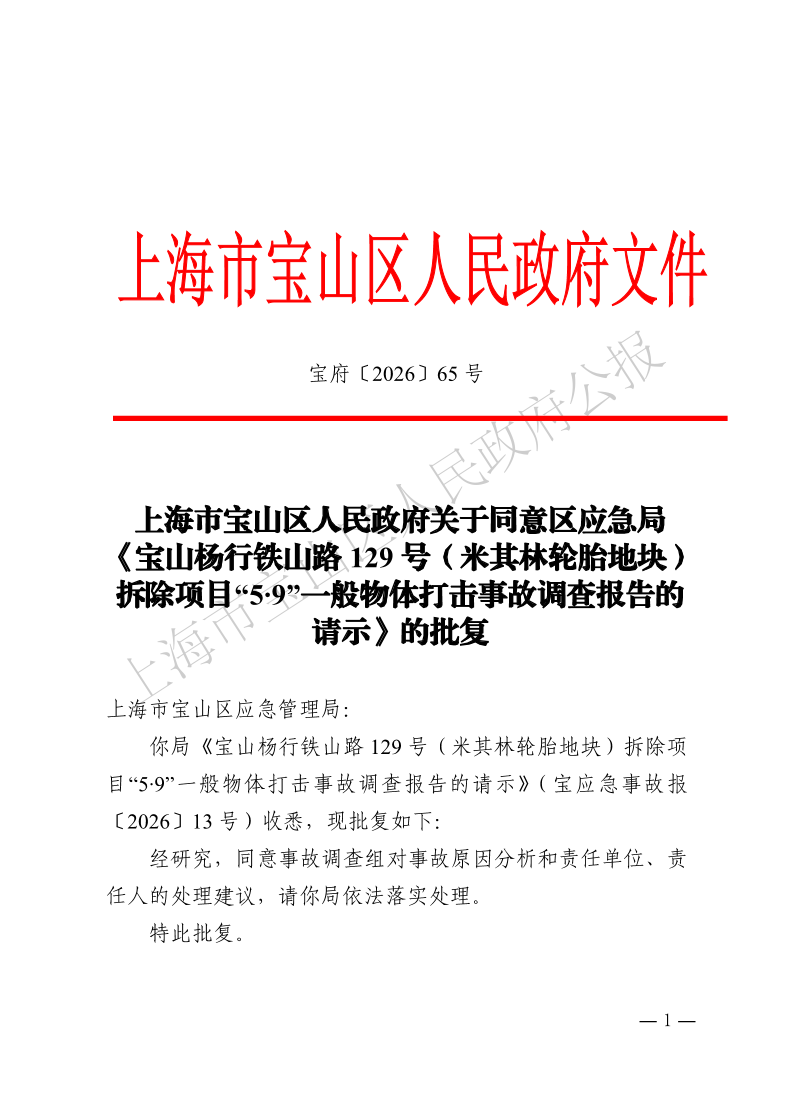 65号—上海市宝山区人民政府关于同意区应急局《宝山杨行铁山路129号（米其林轮胎地块）拆除项目“5∙9”一般物体打击事故调查报告的请示》的批复-1.pdf