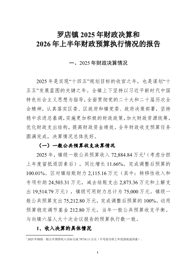 罗店镇2025年财政决算和2026年上半年预算执行情况的报告.pdf