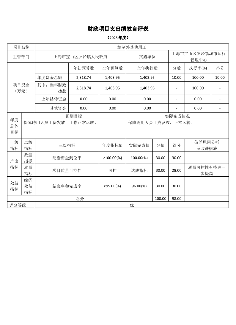 上海市宝山区罗泾镇城市运行管理中心2025年度项目绩效自评表.pdf